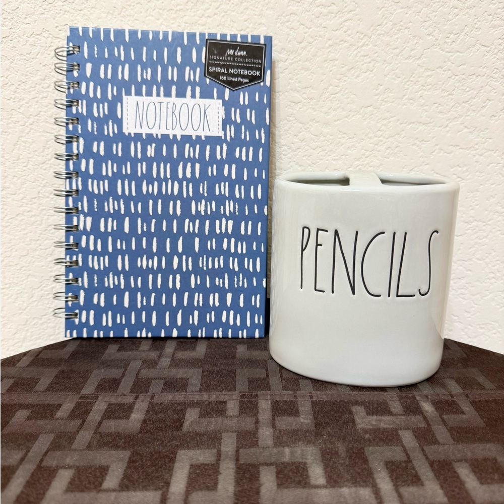 Rae Dunn office set gray PENCILS holder and spiral NOTEBOOK